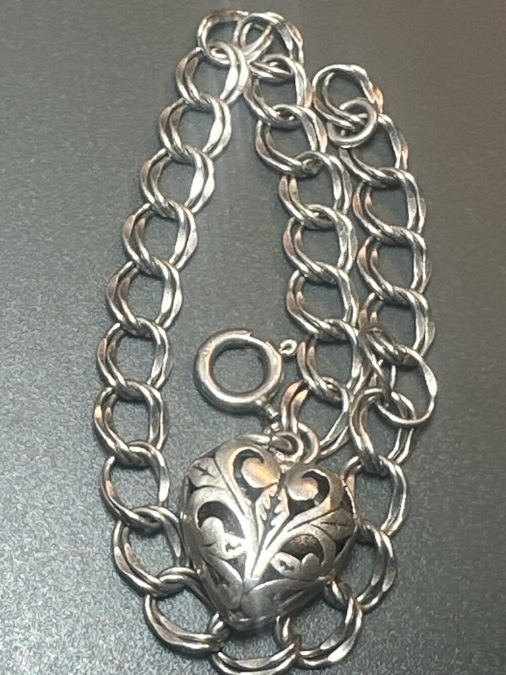 Vintage 925 Sterling Silver Double Curb Link Charm Bracelet Puffy Heart - Picture 5 of 7